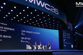 The CEOs of Eutelsat, Deutsche Telekom, and Telefónica on stage at MWC 2026
